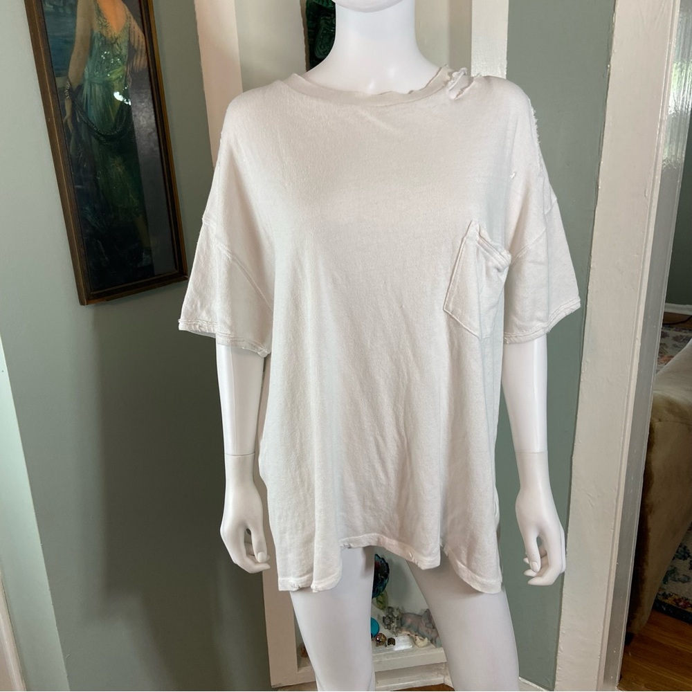 We The Free People Rubi Ivory Bone White Distressed Short Sleeve Tee T Shirt XL - Picture 2 of 13